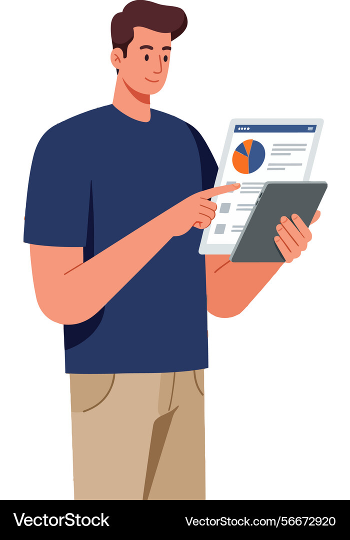 Man analyzing data report on tablet in casual Man analyzing data report on tablet in casual vector image