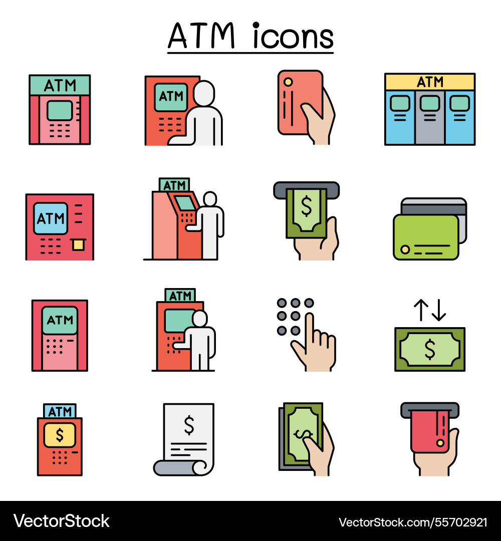 Atm icon set in colorline style Atm icon set in colorline style vector image