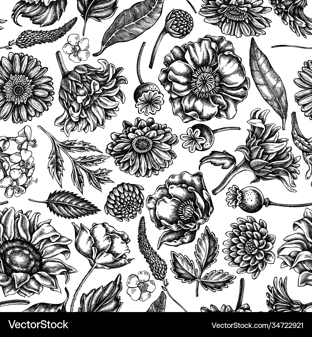 Black and White Poppy Floral Pattern Vector Image