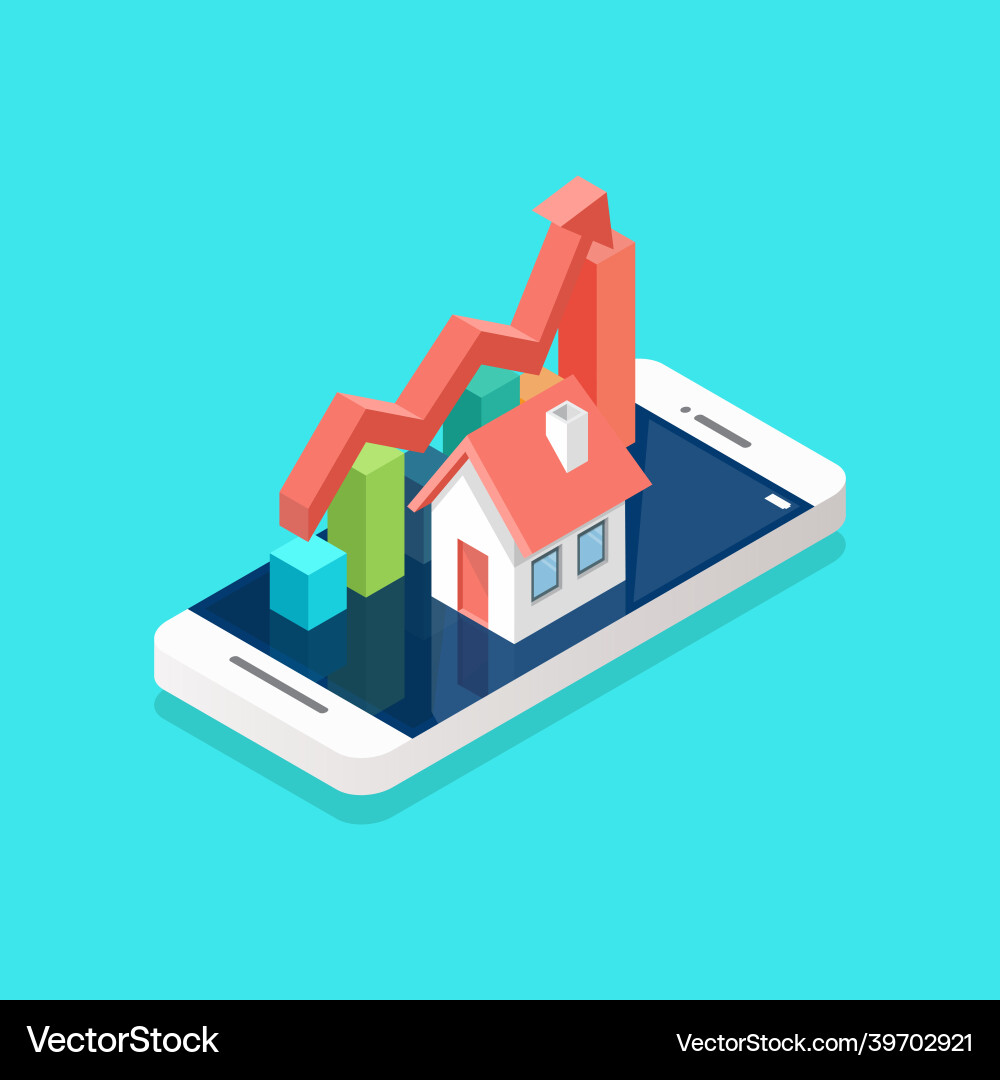 House icon and bar graph on smartphone isometric House icon and bar graph on smartphone isometric vector image
