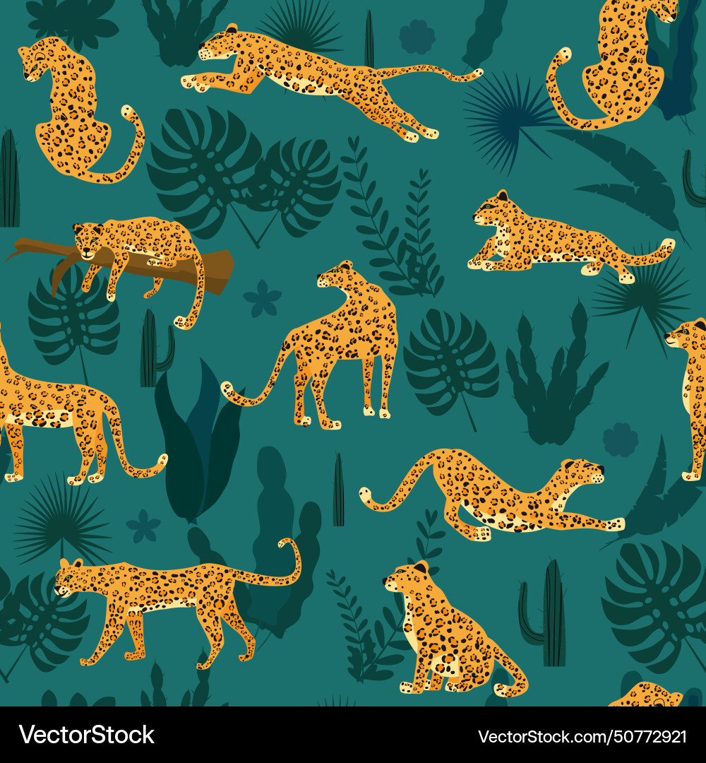 Leopard seamless pattern with tropical leaves Vector Image