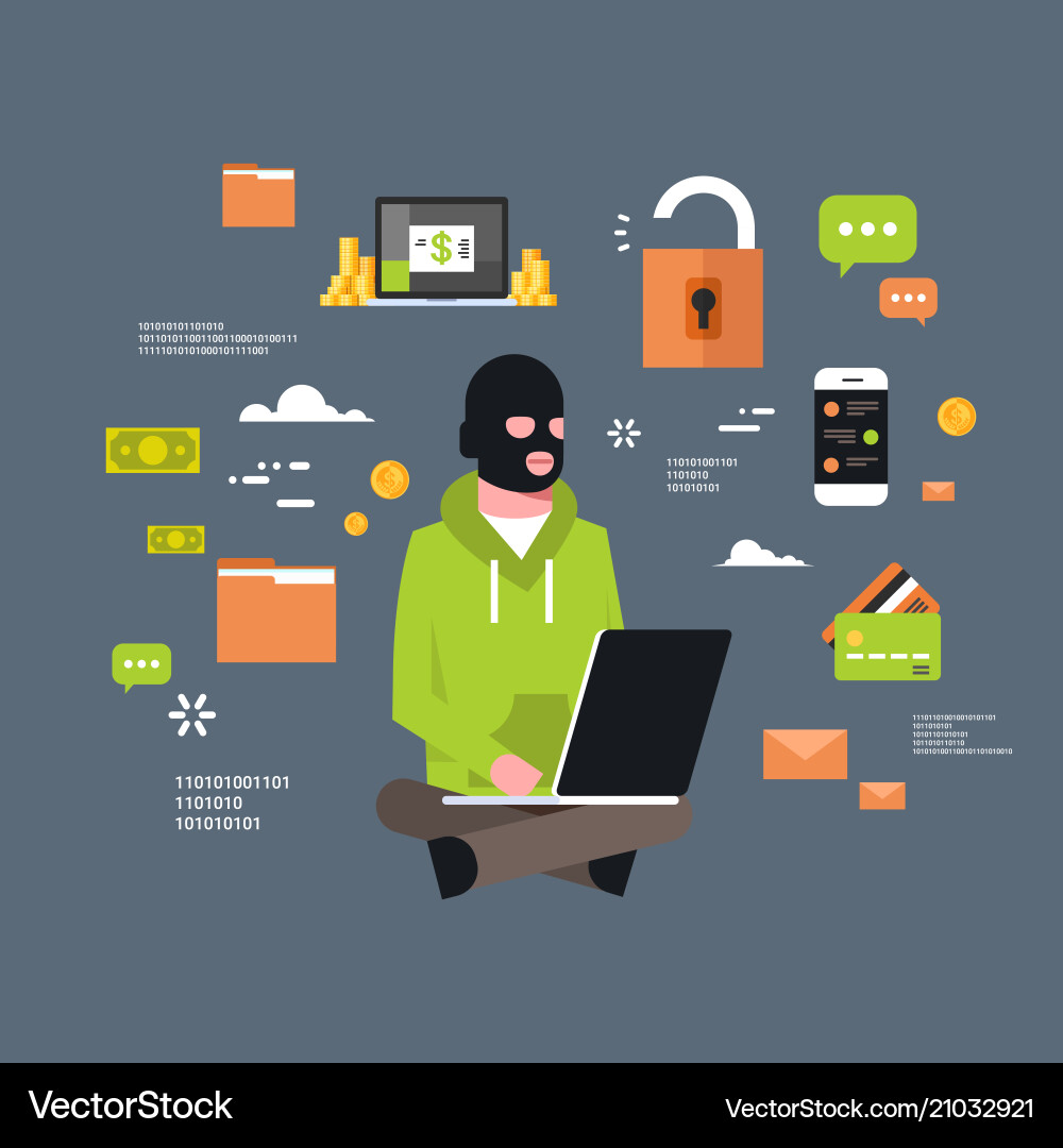Man black mask sitting at computer hacker activity Vector Image