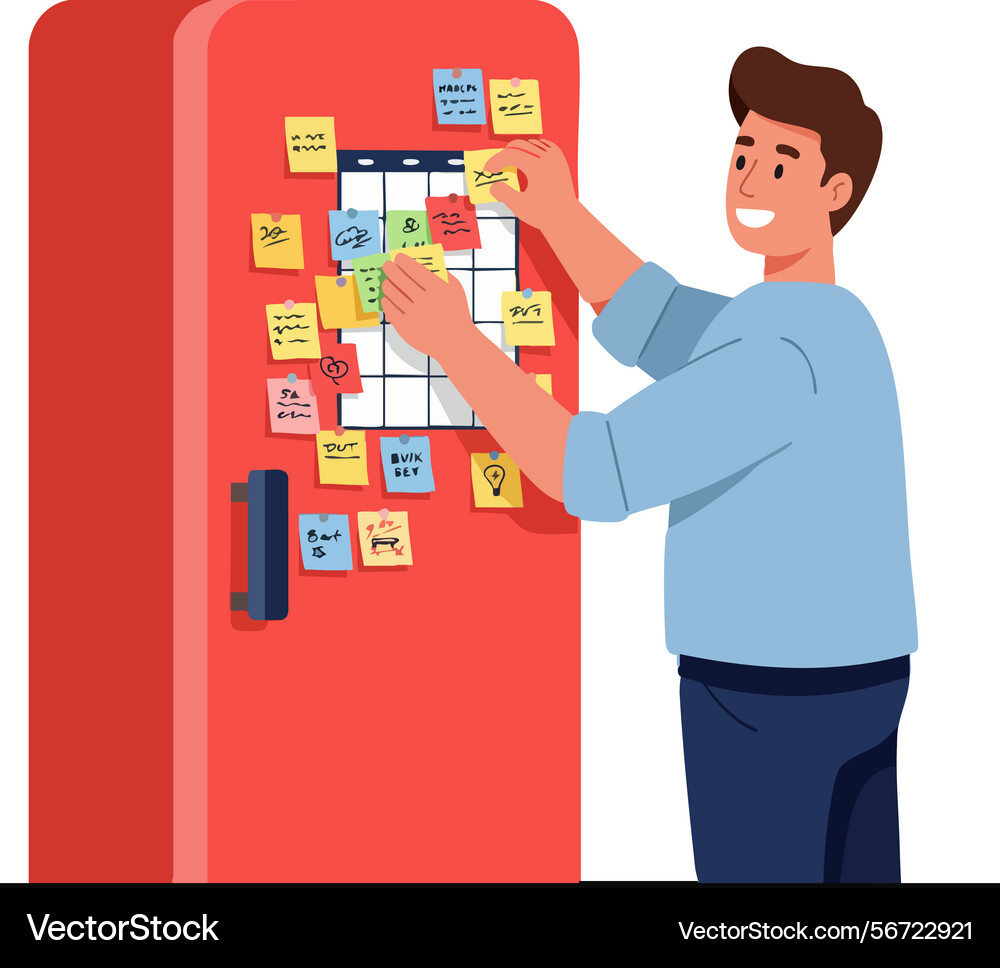 Man organizing colorful sticky notes on red Man organizing colorful sticky notes on red Vector Image