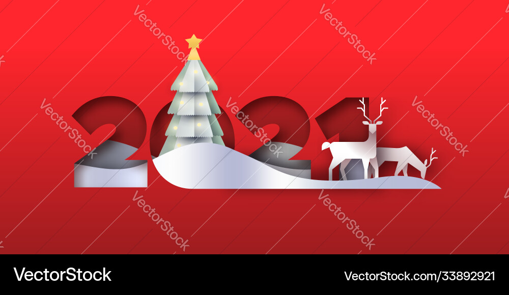 New year 2021 paper cut winter forest and reindeer New year 2021 paper cut winter forest and reindeer vector image