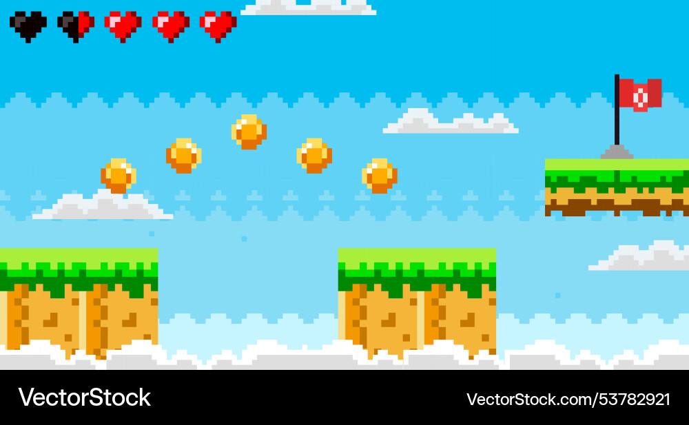 Pixel art platformer game with coins and flag Pixel art platformer game with coins and flag vector image