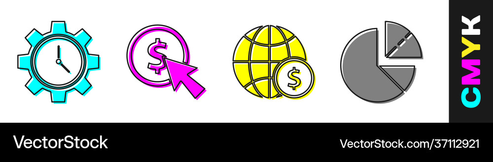 Set time management cursor and coin earth globe Set time management cursor and coin earth globe vector image
