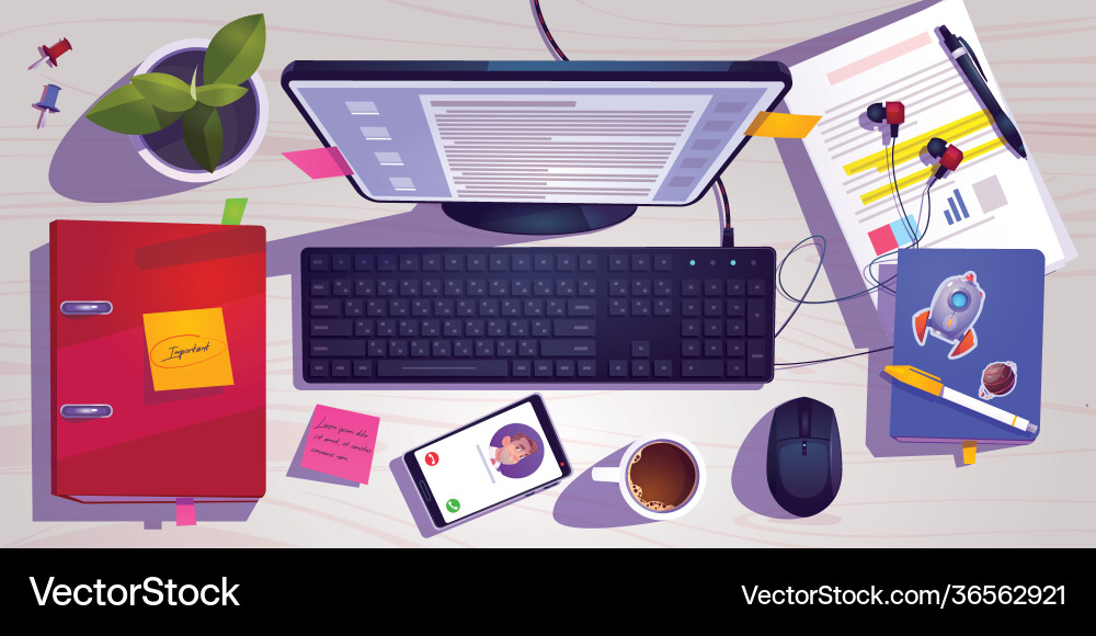 Top view workspace with computer and phone Top view workspace with computer and phone vector image