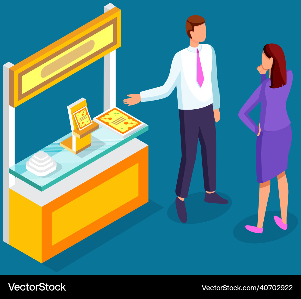 Leaflets distribution near presentation stand Leaflets distribution near presentation stand Vector Image
