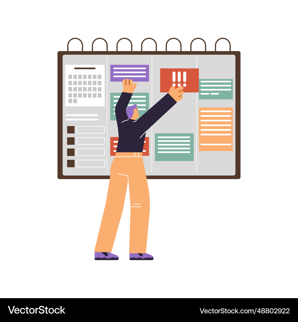 Man arranges tasks in huge calendar flat style Man arranges tasks in huge calendar flat style vector image