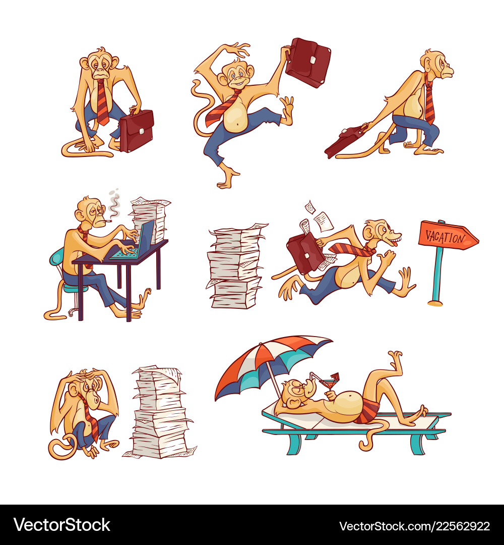 Monkey office worker set with overworked vector image