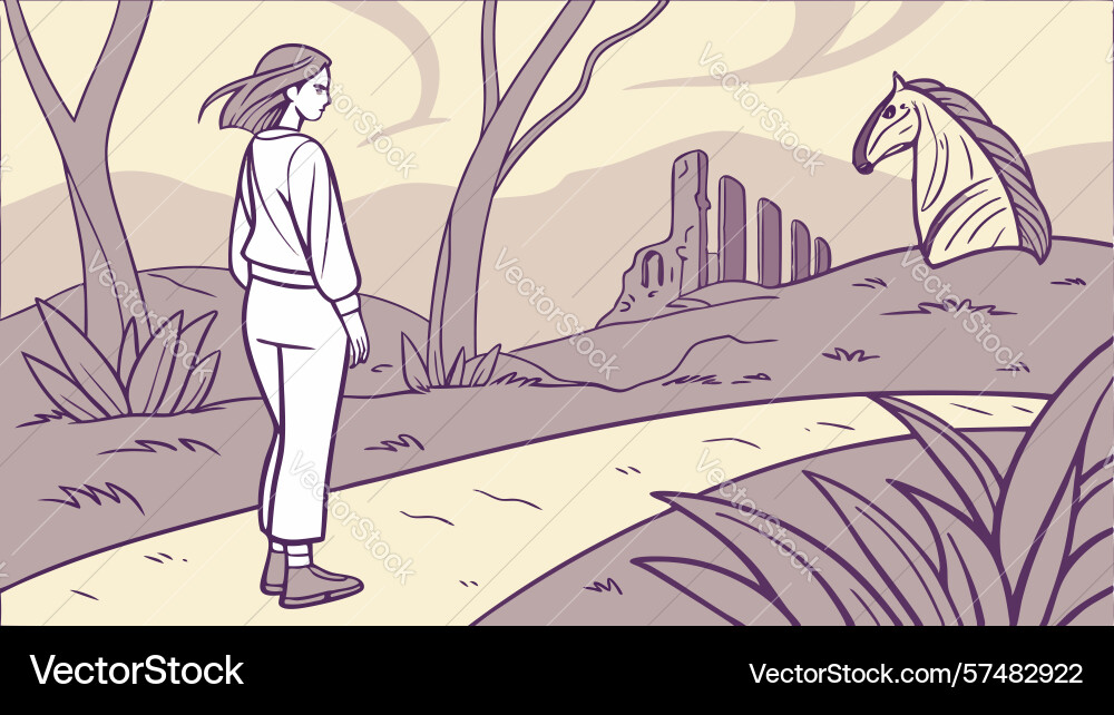 Person walking on path with abstract elements vector image