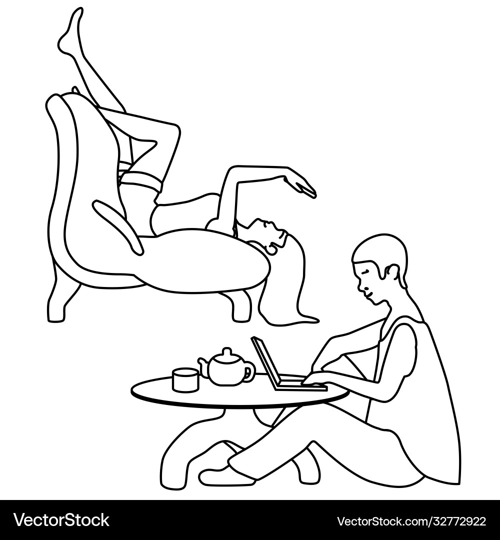 Programmer works and girl studying on sofa Programmer works and girl studying on sofa Vector Image