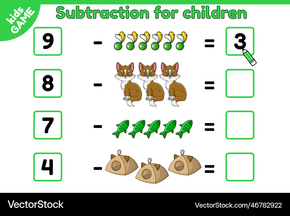 Subtraction for children math game and cartoon cat Subtraction for children math game and cartoon cat vector image