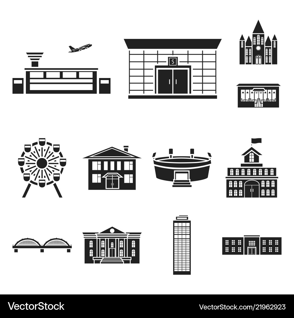 Building and architecture black icons in set Building and architecture black icons in set Vector Image