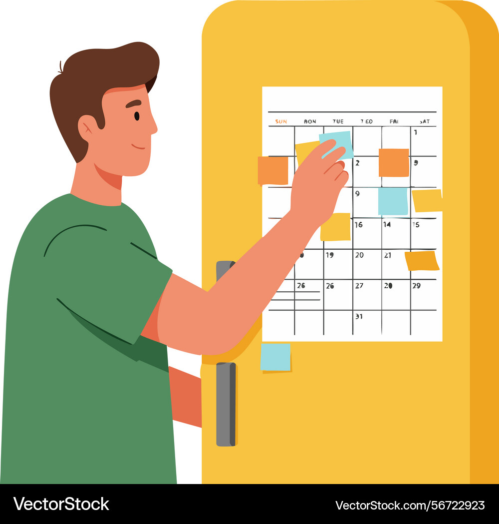 Man organizing calendar with sticky notes Man organizing calendar with sticky notes vector image