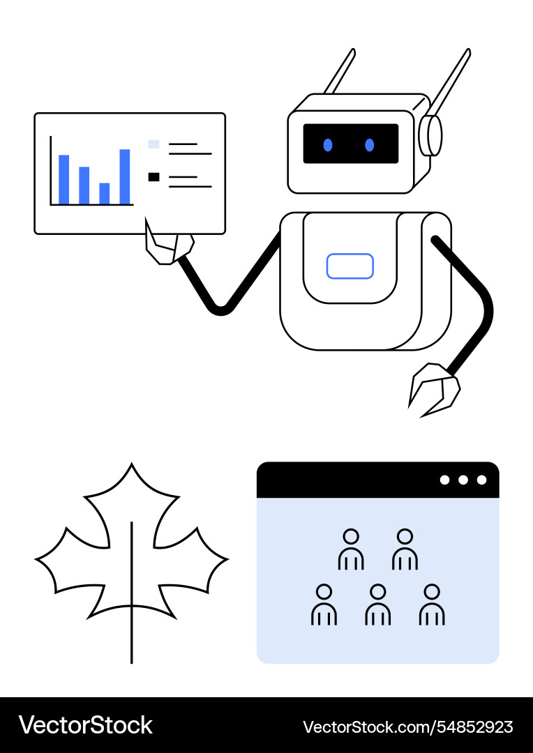 Robot presenting data with chart browser window Robot presenting data with chart browser window vector image