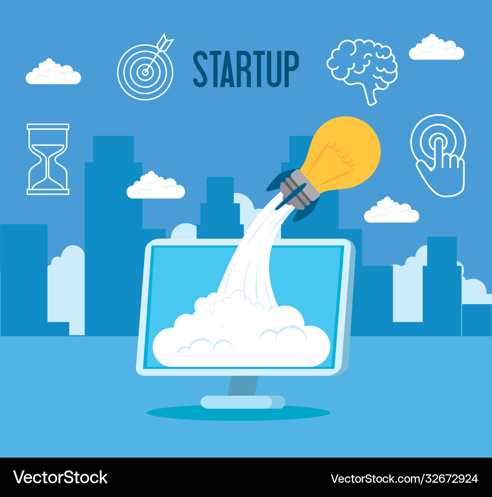 Computer with start up light bulb rocket Computer with start up light bulb rocket vector image