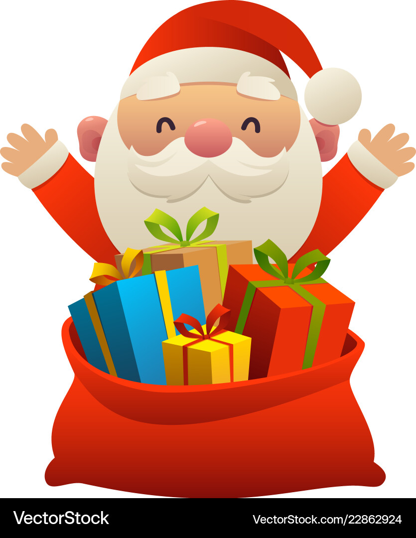 Cute santa claus behind toy bag with gifts Cute santa claus behind toy bag with gifts vector image