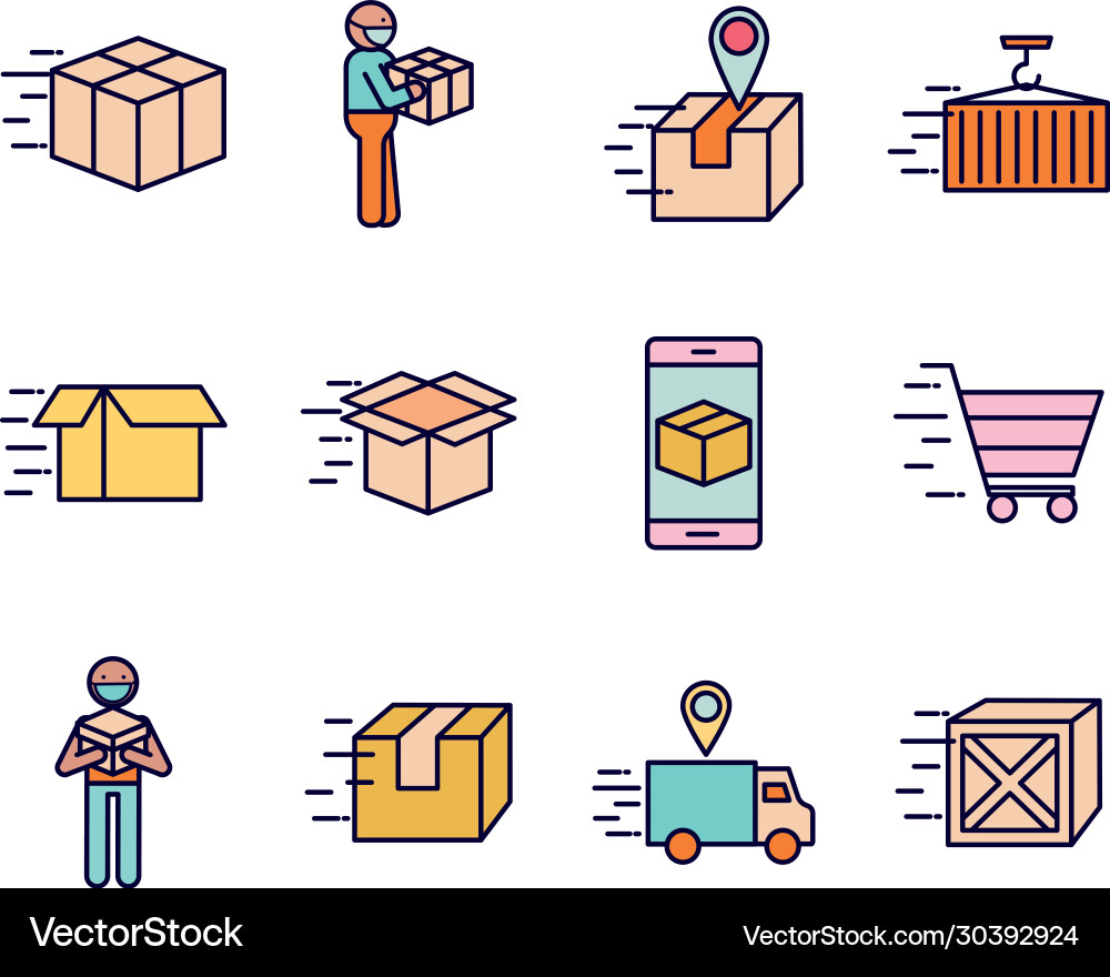 Fast delivery line and fill style icon set vector image