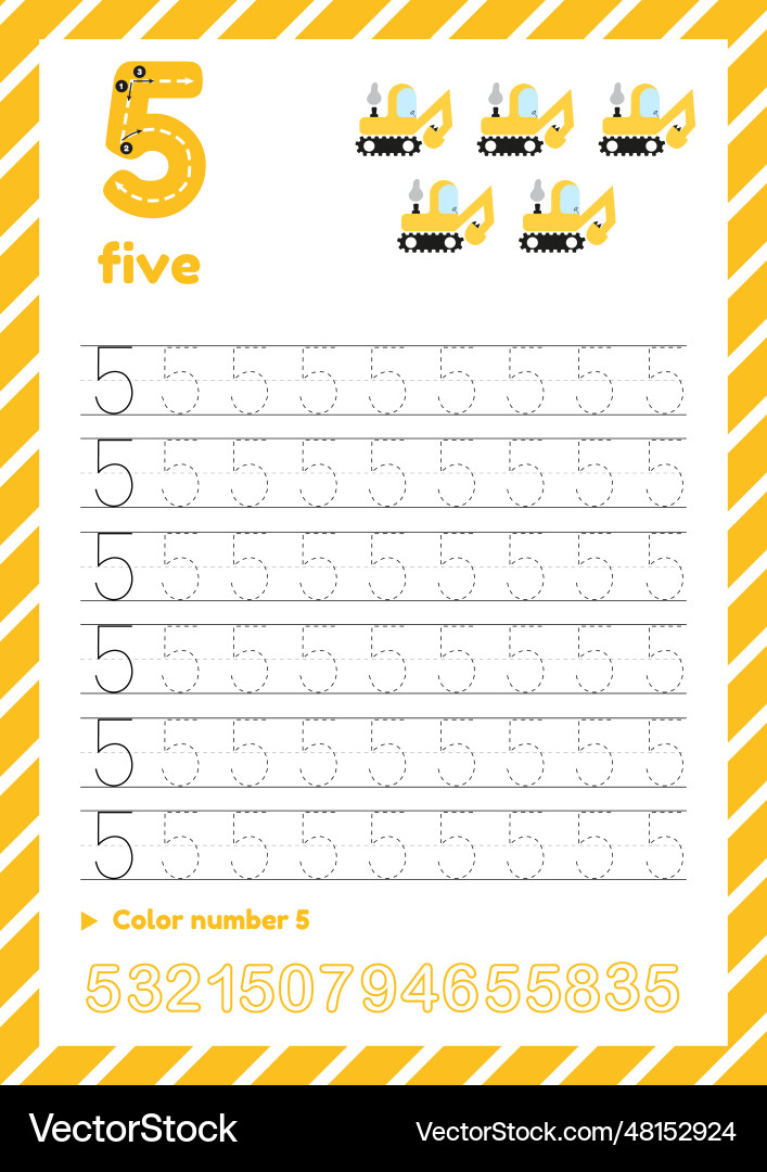 Learn and trace number five count excavators Learn and trace number five count excavators vector image