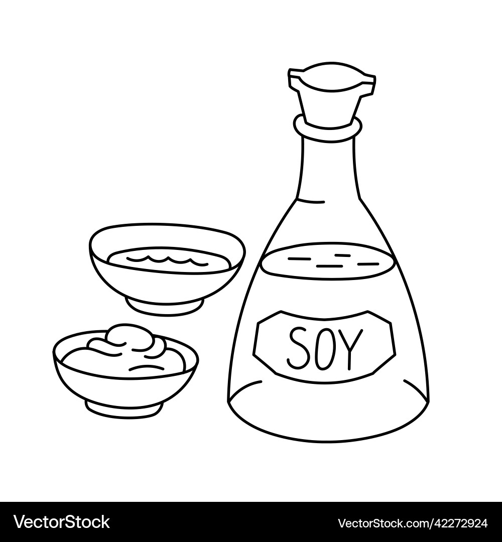 Soy sauce bottle and bowl editable outline Vector Image