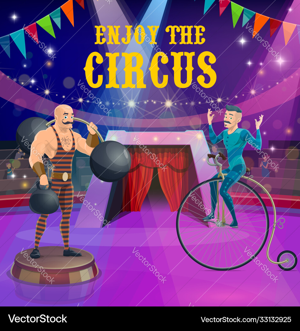 Circus poster strongman and vintage bicycle rider Circus poster strongman and vintage bicycle rider vector image