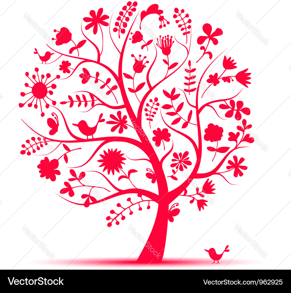 Pink Floral Tree Sketch Vector Image