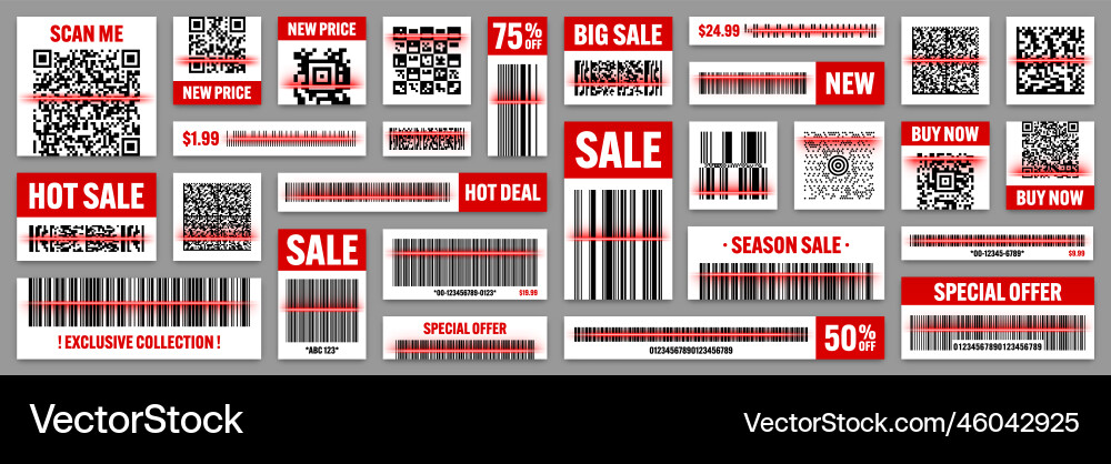 Product barcodes and qr codes with red scanning Product barcodes and qr codes with red scanning vector image