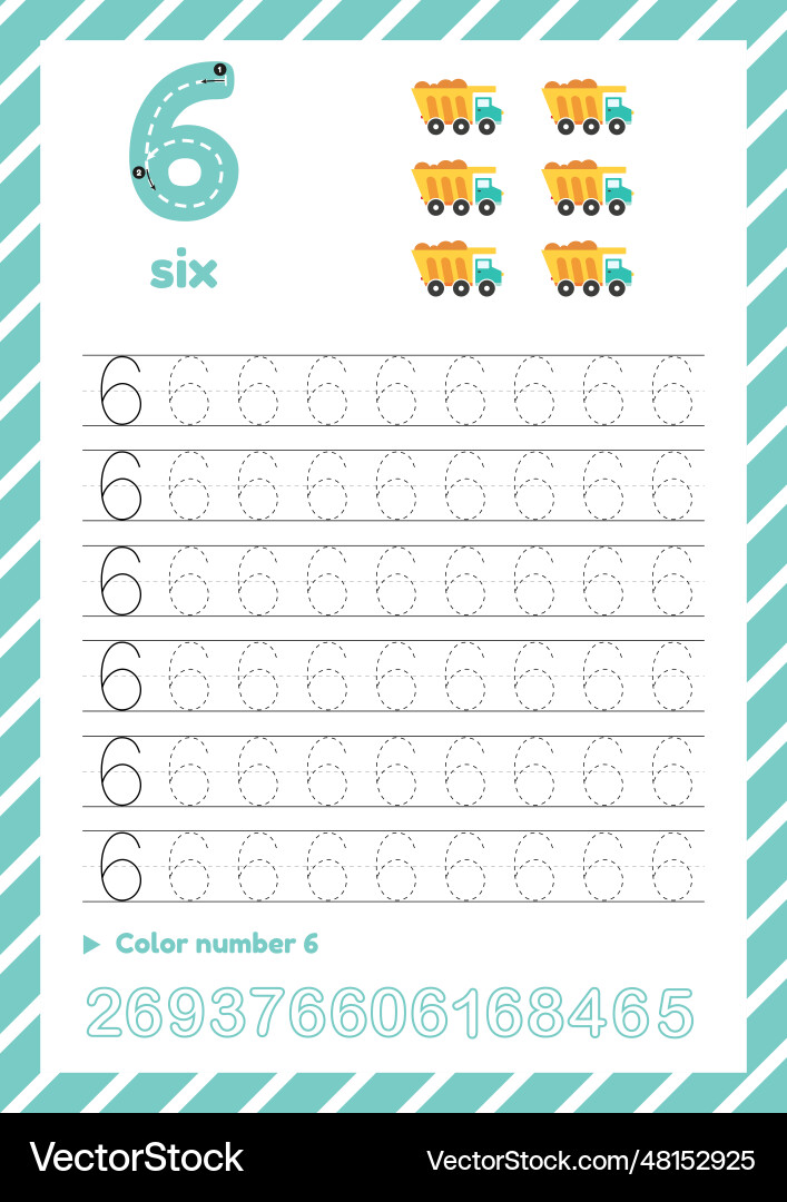 Tracing number six learn numbers count dump cars Tracing number six learn numbers count dump cars vector image
