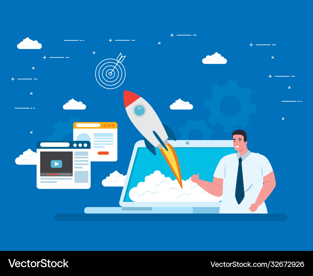 Man with start up rocket in laptop and icon set Man with start up rocket in laptop and icon set vector image