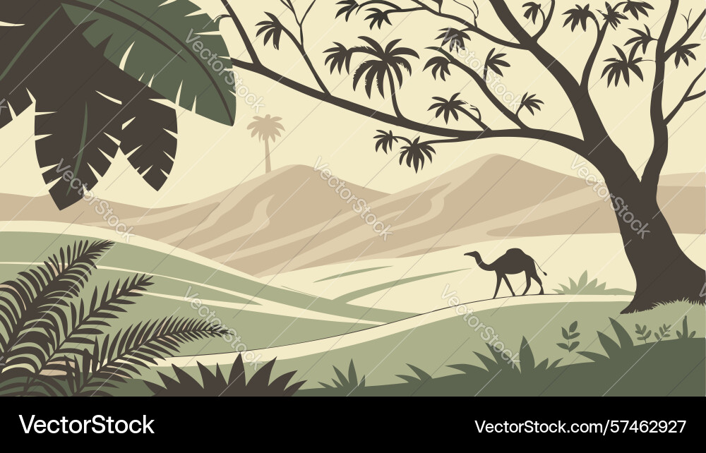 Camel in a sparse desert landscape with distant Vector Image