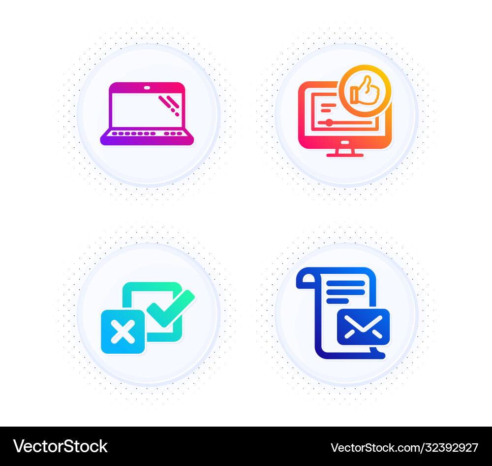 Laptop checkbox and like video icons set mail Laptop checkbox and like video icons set mail vector image