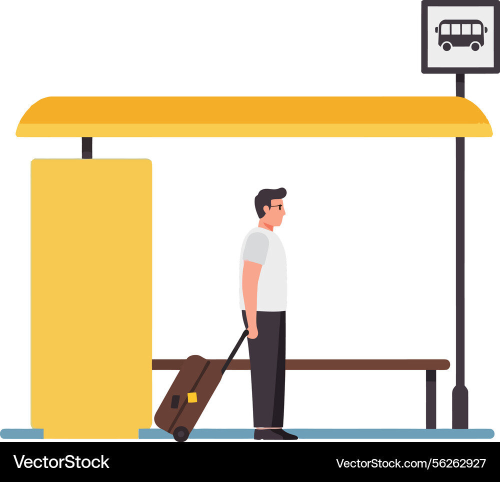 Man waiting at a bus stop with suitcase under Vector Image