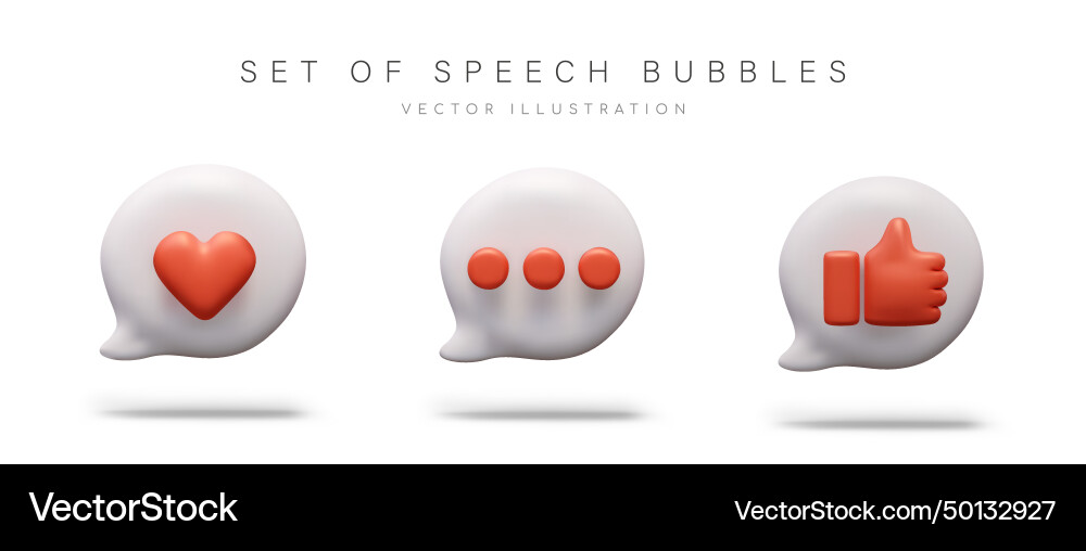 Set of dialog 3d bubbles red heart three dots Set of dialog 3d bubbles red heart three dots vector image