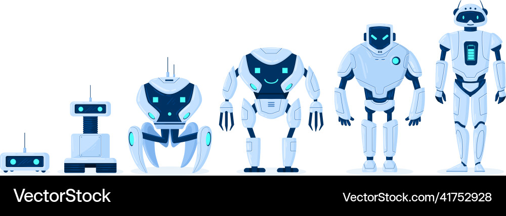 Cartoon robot evolution digital bot characters Cartoon robot evolution digital bot characters vector image