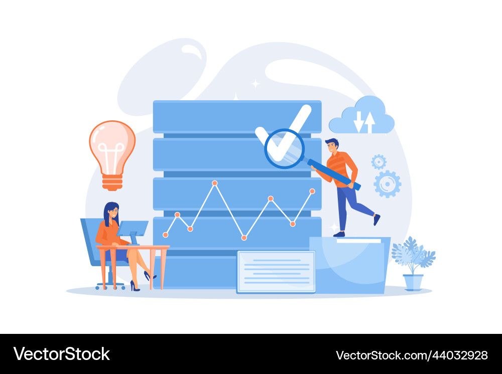 Developers with magnifying glass studying data vector image