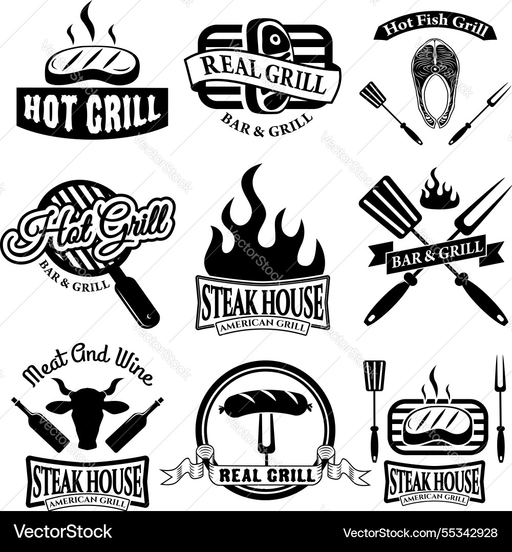 Set von Grill Bar Etiketten Logos und Abzeichen Set von Grill Bar Etiketten Logos und Abzeichen vektorbild