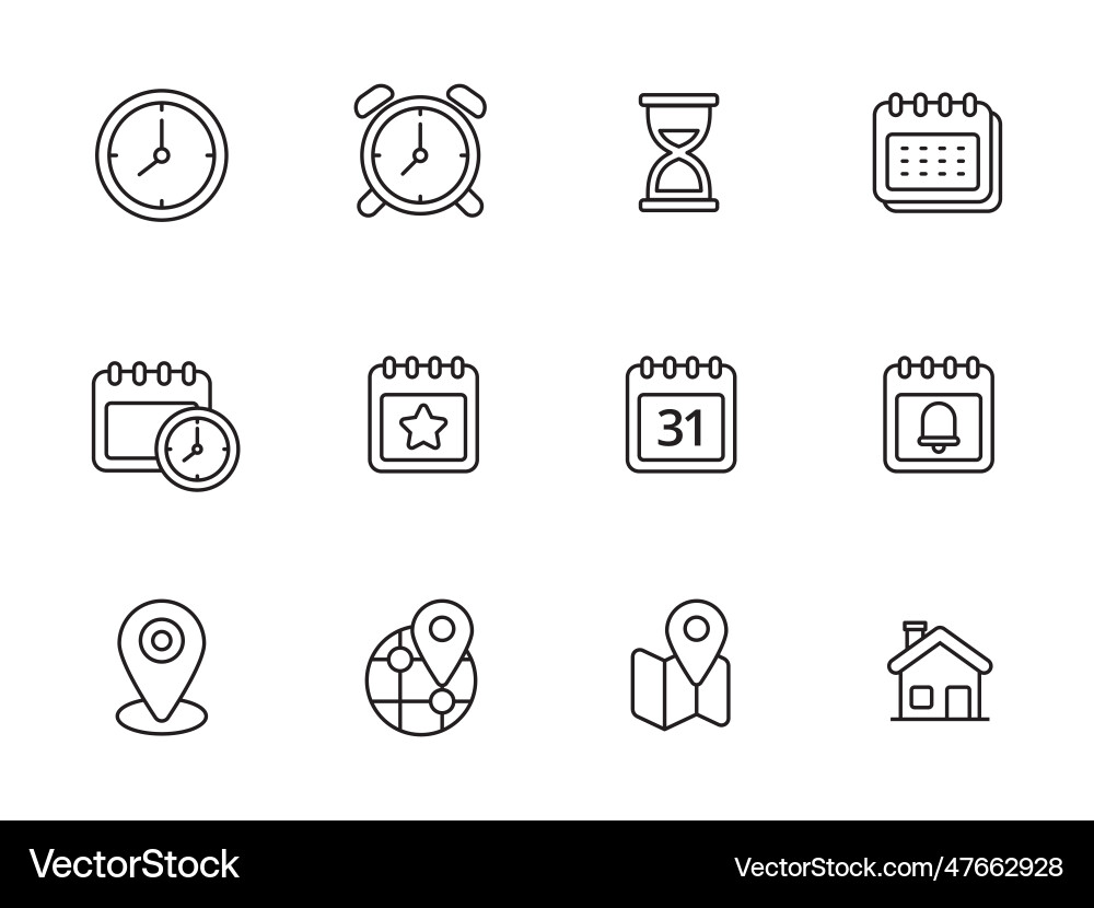 Zeit- und Standortsymbole mit linearem Stil Zeit- und Standortsymbole mit linearem Stil vektorbild