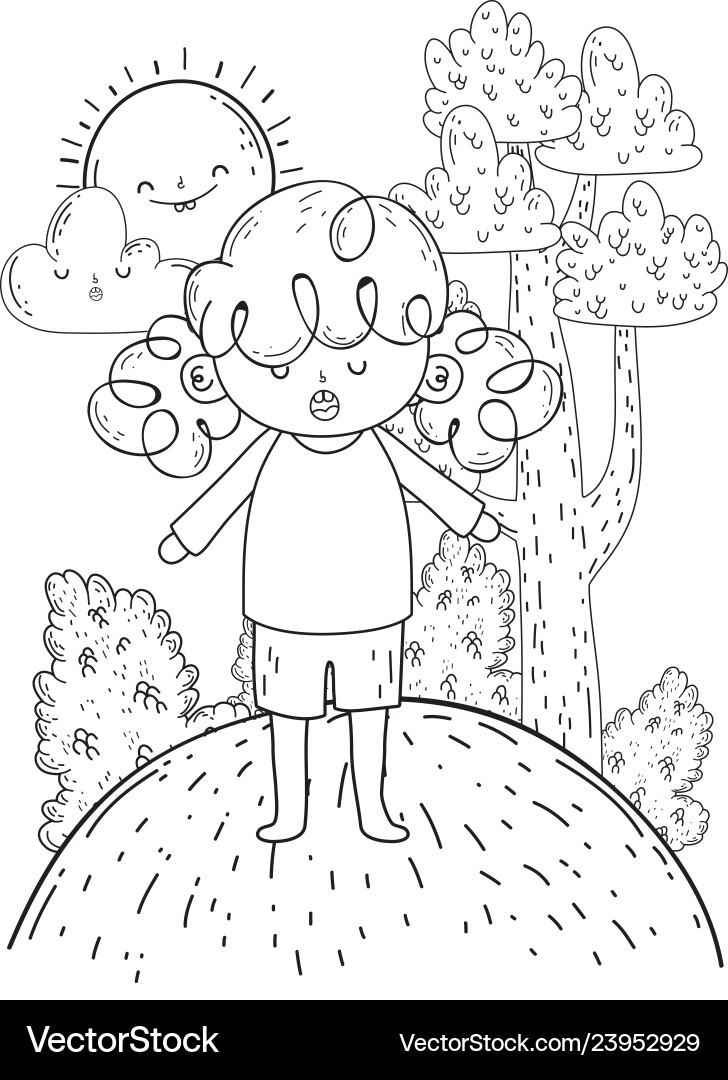 Süßes kleines Mädchen mit Sonne kawaii in der Landschaft Süßes kleines Mädchen mit Sonne kawaii in der Landschaft vektorbild