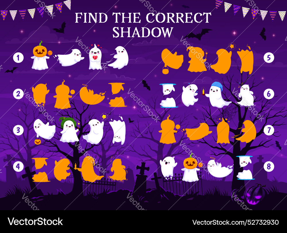 Find correct shadow of halloween ghosts kids game Find correct shadow of halloween ghosts kids game vector image