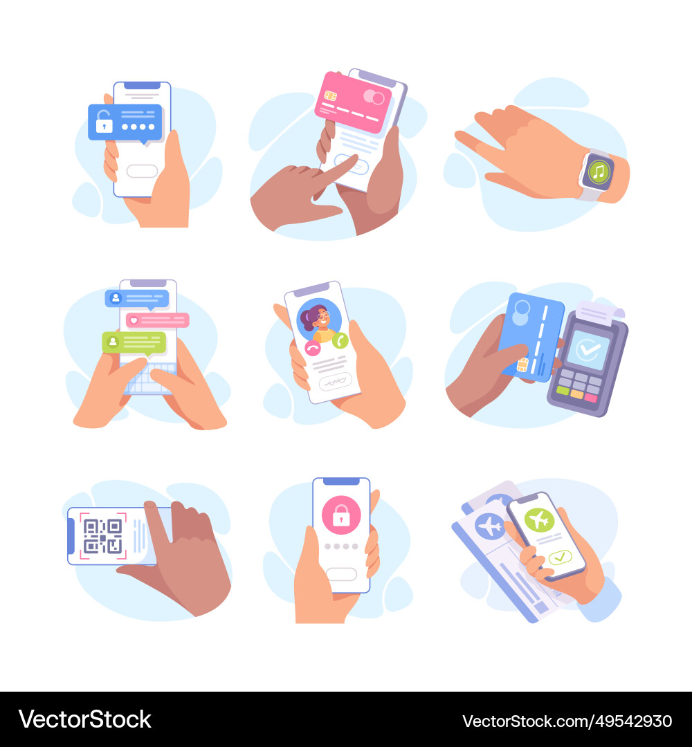 Hand with smartphone device use different app Hand with smartphone device use different app vector image