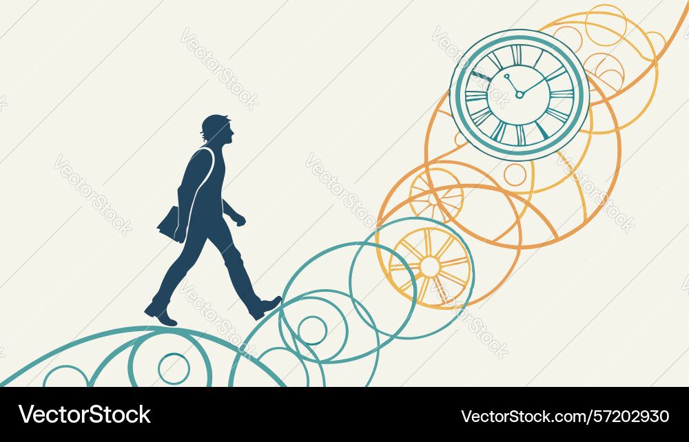 Journey of time figure walking on clockwork path vector image
