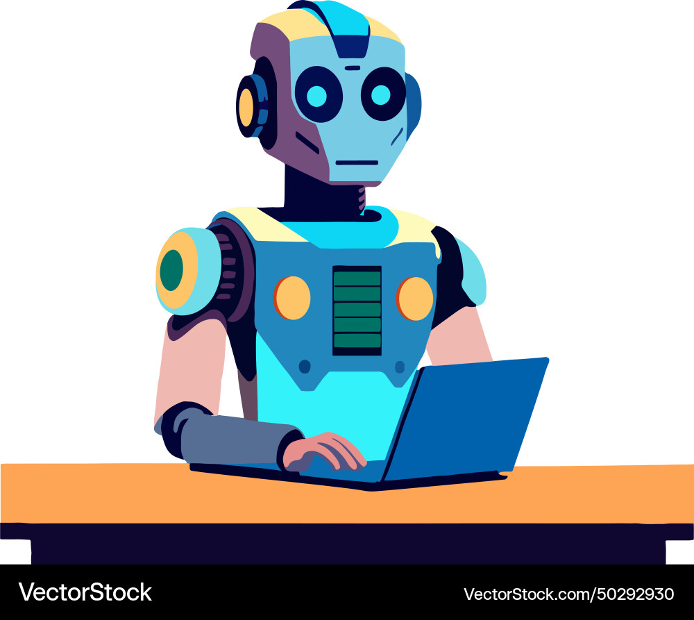 Robot sitting behind desk with a computer vector image