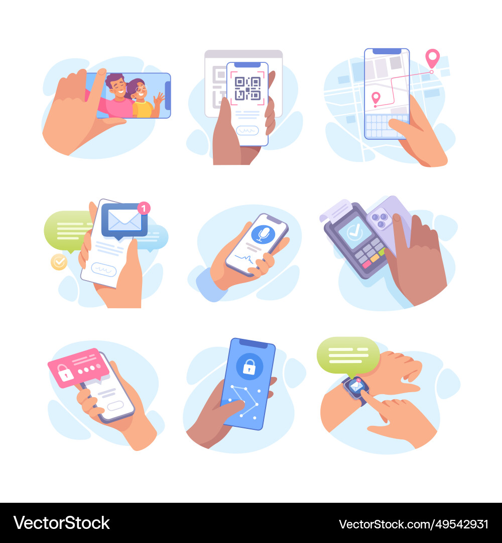 Hand with smartphone device use different app Hand with smartphone device use different app vector image