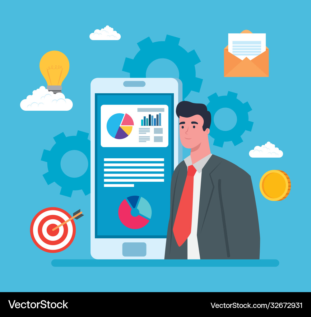 Man with smartphone and start up icon set Man with smartphone and start up icon set vector image