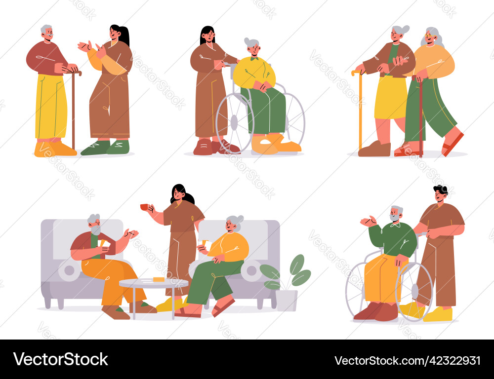 Old people and care workers in nursing home Old people and care workers in nursing home vector image