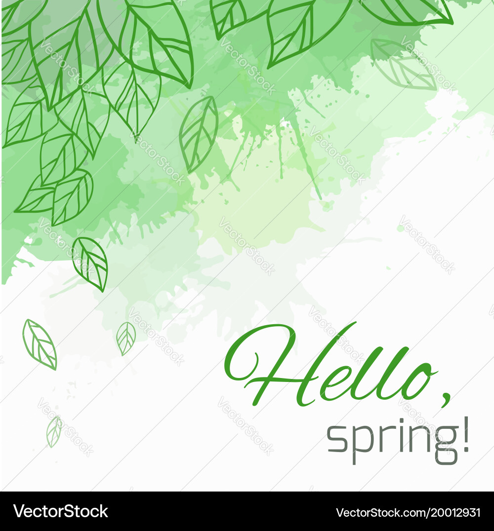 Spring card with doodle leaves and green blobs Vector Image