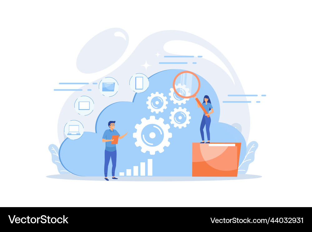 Two developers looking at the gears on cloud Two developers looking at the gears on cloud Vector Image