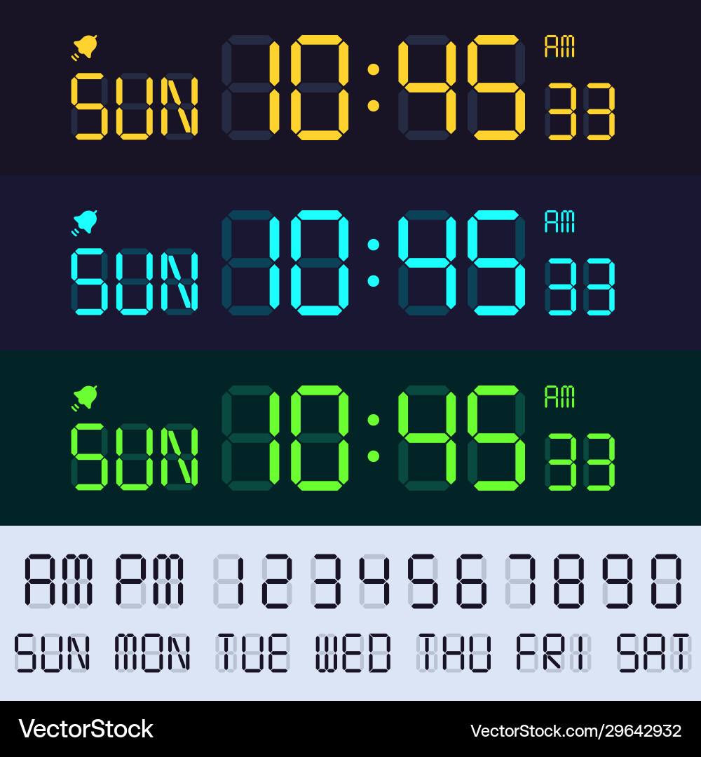 Alarm clock lcd display font electronic clocks Alarm clock lcd display font electronic clocks Vector Image