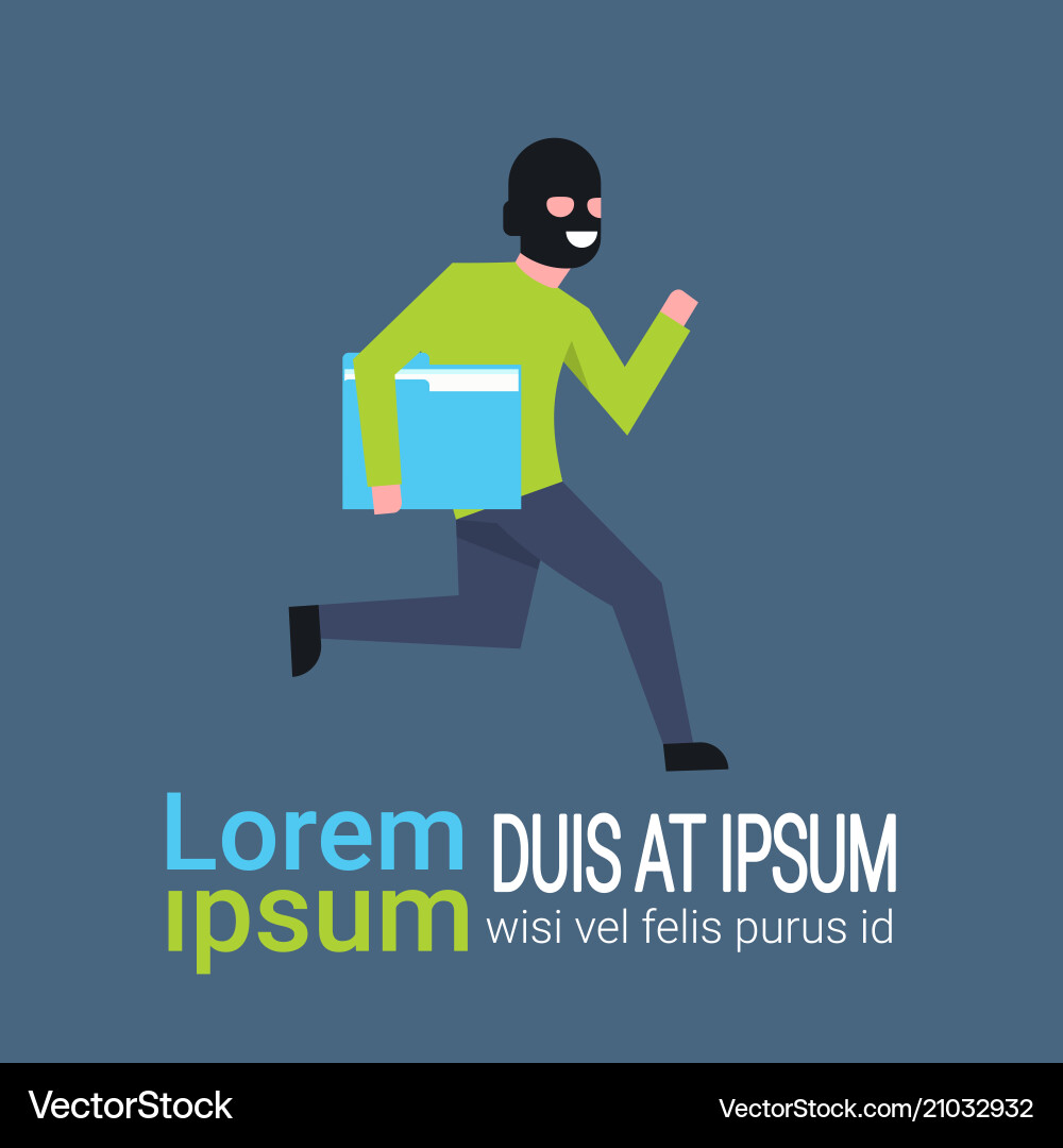 Man in black mask tapped folder run away hacker Man in black mask tapped folder run away hacker vector image
